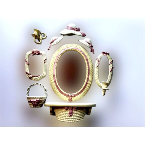Vtg Homco Home Interiors Burwood White Pink Ribbon Mirror Hats Sconces 8pc Set
